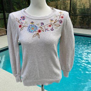 Fall! LOFT Flower Embroidered Sweater Size S  Cotton/Wool Blend Lightweight